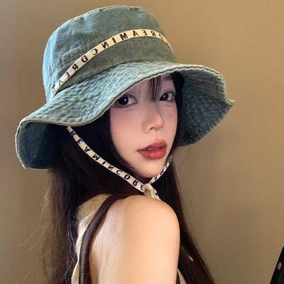 Summer Outing Hat Women's Letter Strap Bucket Hat Versatile Retro Basin Hat Sunshade Denim Mountaineering Hat