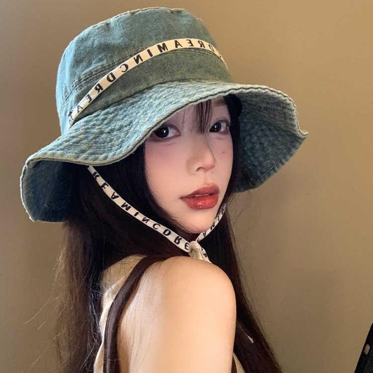 Summer outing hat women's letter strap bucket hat versatile retro basin hat sunshade denim mountaineering hat