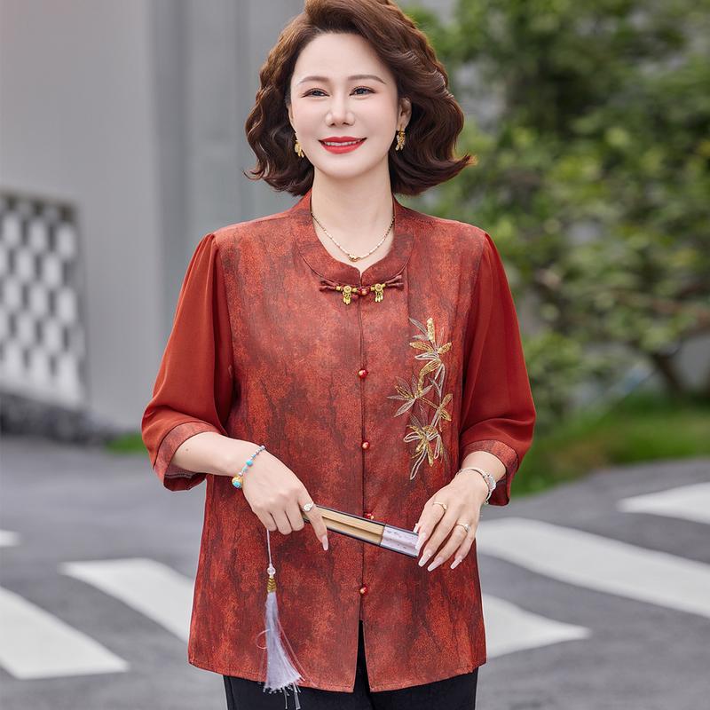 New Chinese Style Embroidered Stand-Up Collar Blouse for Middle-Aged Women XL
