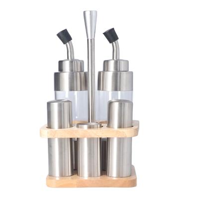 Seasoning Bottle Set with Wooden Rack 304 Stainless Steel Kitchen Table Seasoning Bottle Holder for Oil Salt Soy Sauce