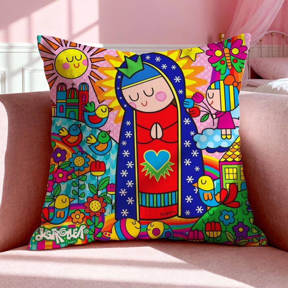 Figure V-Virgin Mary Cushion Cover Breathable Linen Pillowcase Summer Odorless Eco-Friendly Invisible Zipper Washable