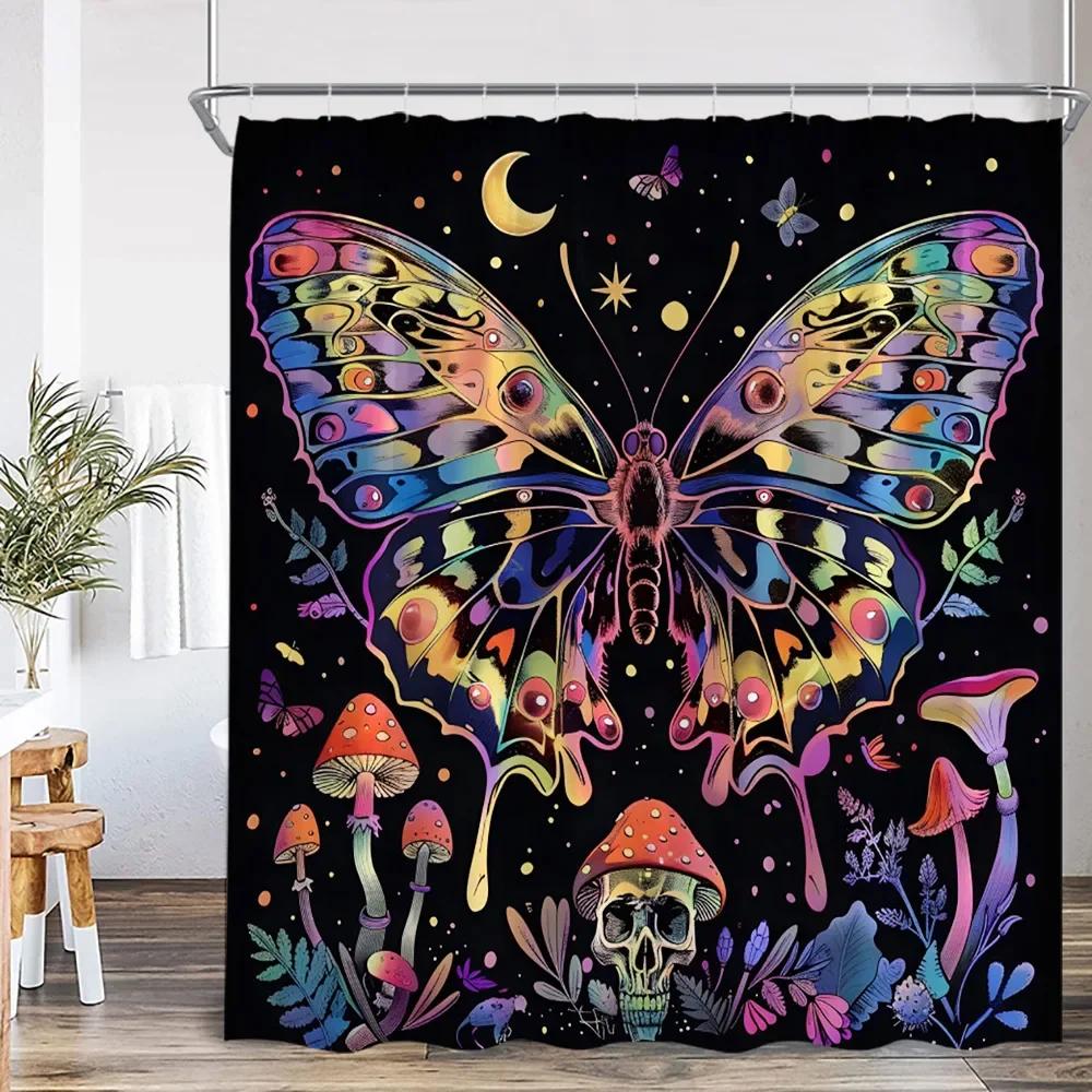 Vintage Butterfly Floral Shower Curtain Dragonfly Flower Moon Plant Skull Witch Magic Shower Curtain Bathtub Decoration