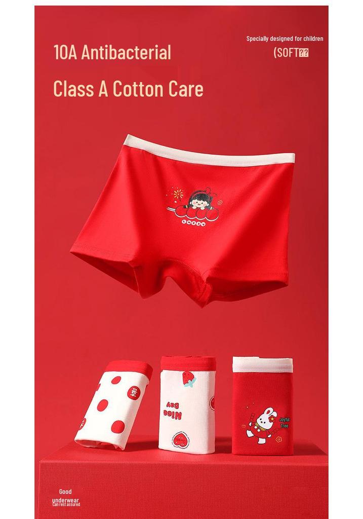 Festive Red Girls' Boxer Briefs: Antibacterial Pure Cotton, Colorfast, Full Cotton Crotch, Chinese New Year Theme