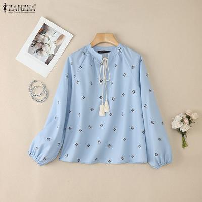 Women Casual Round Neck Floral Print Long Sleeve Blouse