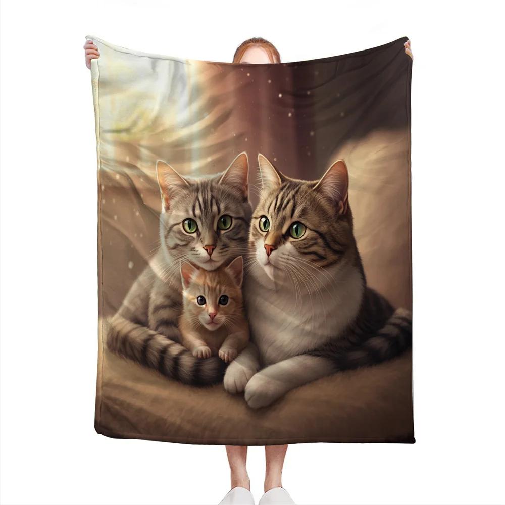Charming Family of Cats Design Soft Microfiber Throw Blanket – Cozy for Bed, Sofa, Camping, Picnic & Winter Warmth
