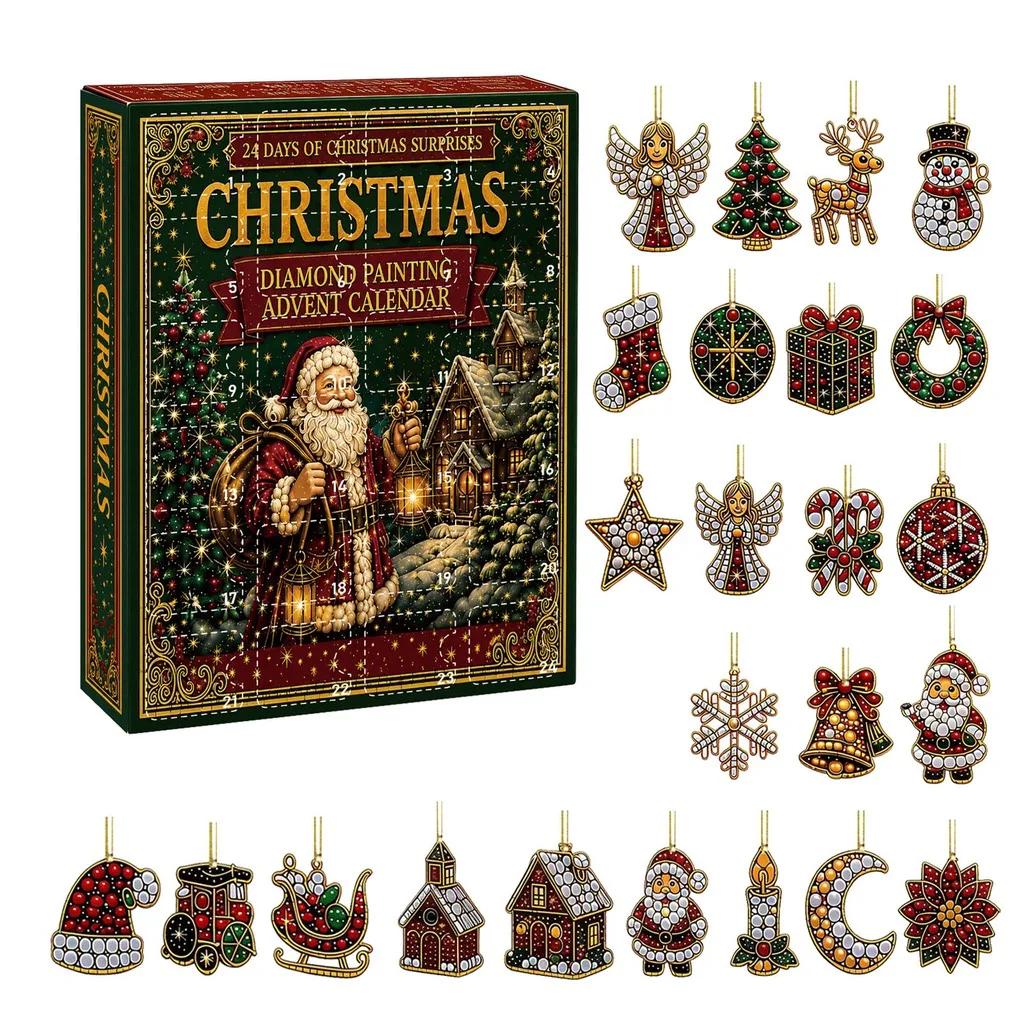 24 Tage Weihnachten Diamantmalerei Adventskalender Acryl Flache Hängende Ornamente für Weihnachtsbaum Feiertagsheimdekoration