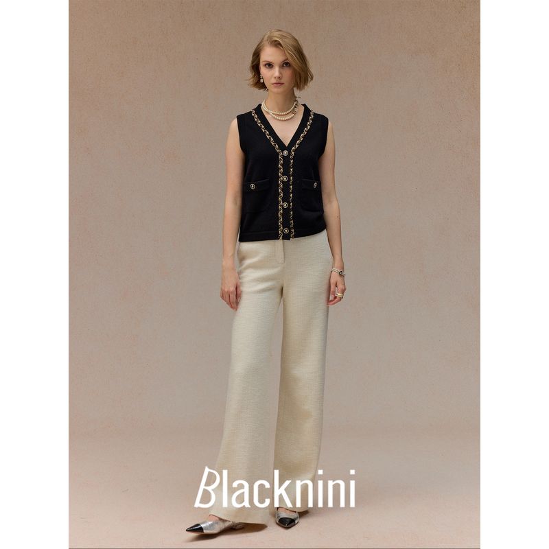 Blacknini Yin WAF/"Gatsby" Australian Mernu Wool Gold Silk Trim Knitting Vest Cardigan