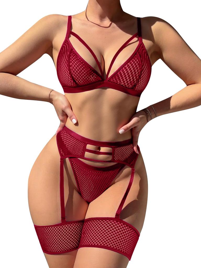popiv Women's Sexy Lingerie Set with Garter Belt Matching Bra and Panty Lingeries Sets 4 Piece