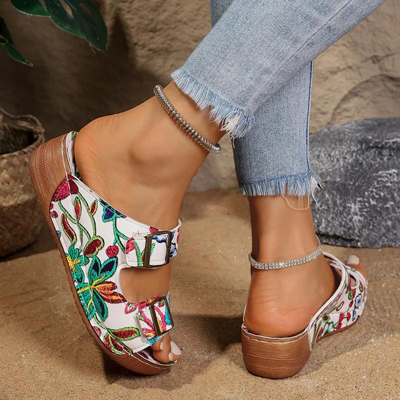 Fashion Fashion Printed Wedge Heels Sandals Women Summer 2025 Double Buckle Platform Slippers Woman Lightweight Non Slip Beach Sandles