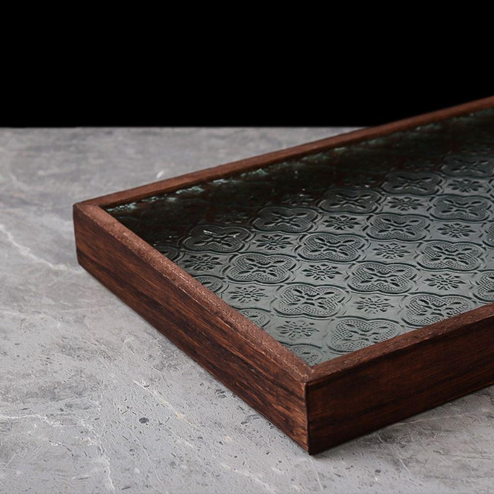 Simple Begonia Embossed Glass Tray Wooden Storage Display Plates Multi-Function Tea Tray  Desk