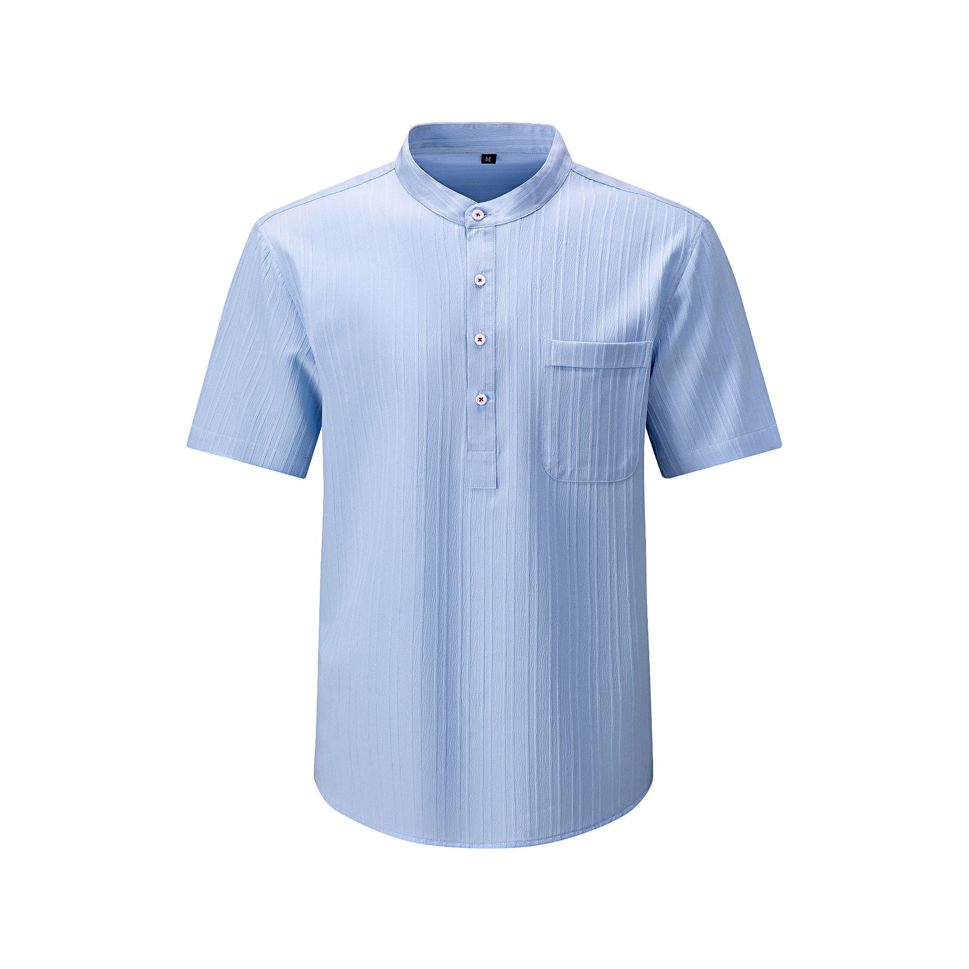 

Модная мужская рубашка полоски морской волны повседневная с коротким рукавом воротник-стойка свободного кроя однотонная универсальная на пуговицах пуловер S синий