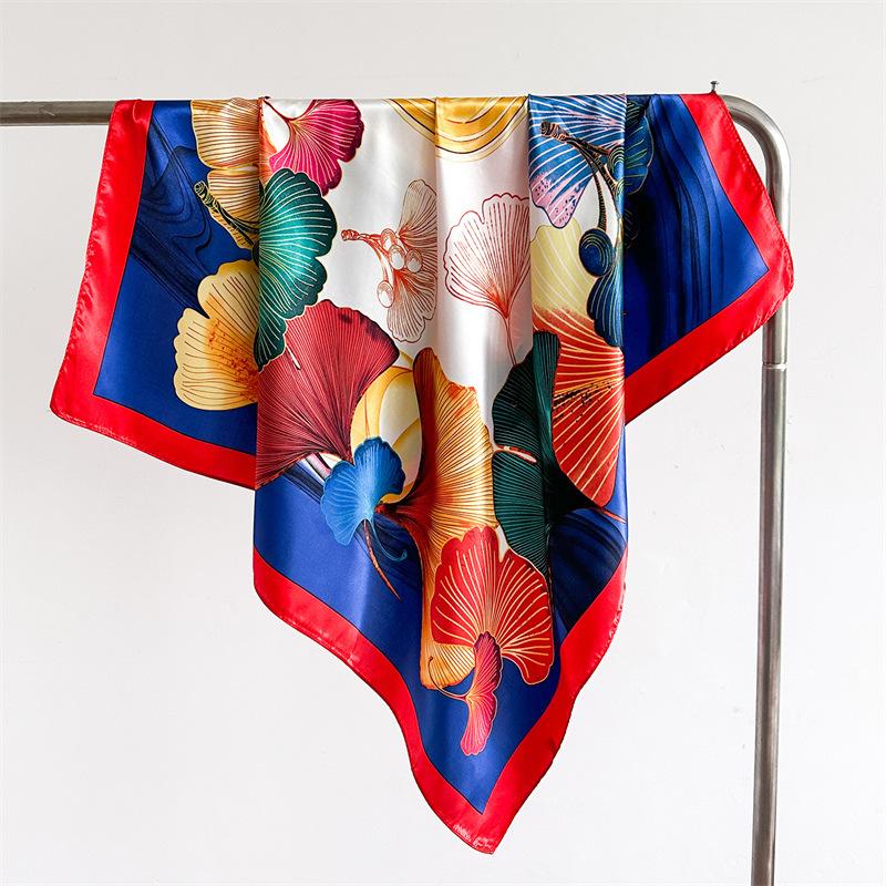 

Корейский стиль атласный шелковый шарф с принтом, шарф с гинкго, шаль, солнцезащитный платок, большой квадратный шарф, 90 атласный искусственный шелковый платок, женский 90*90cm