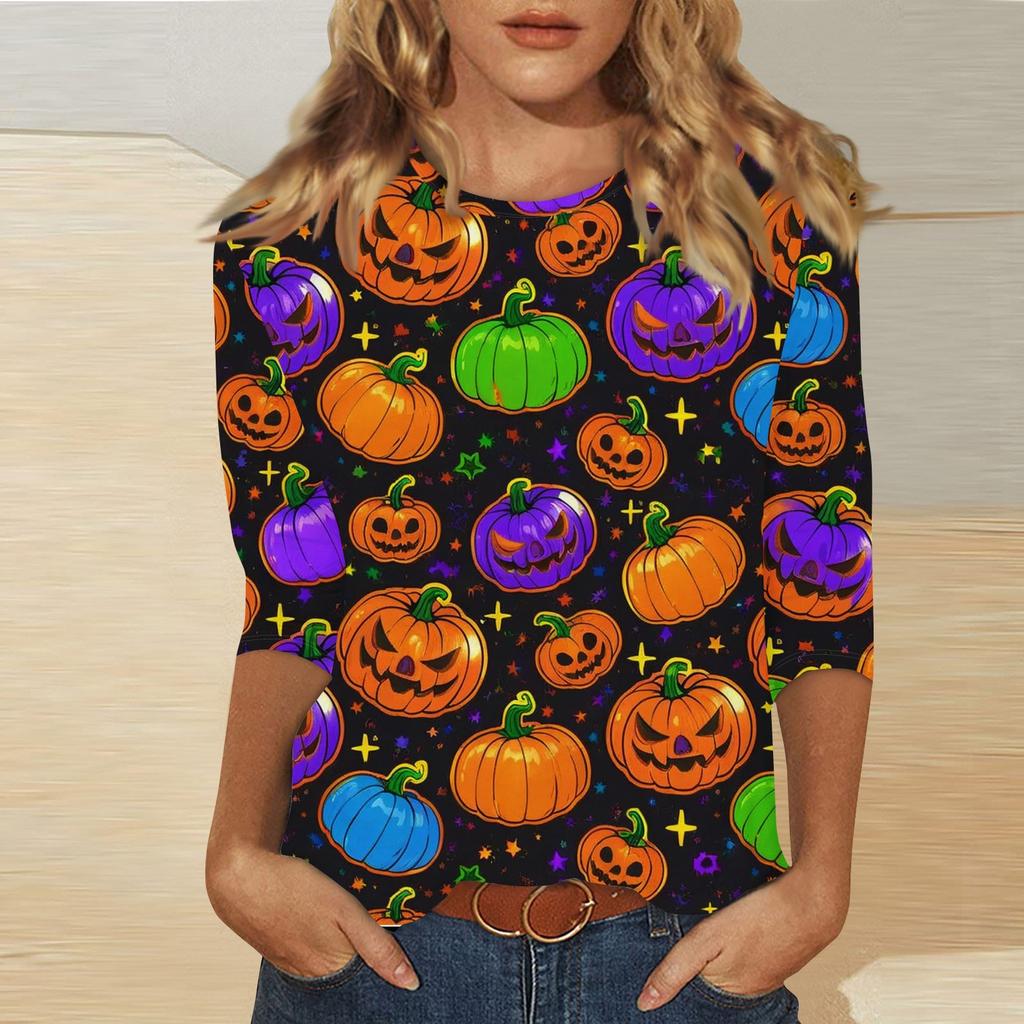 Women's Fashion Casual Three-quarter Sleeve Halloween Printed Round Neck Top