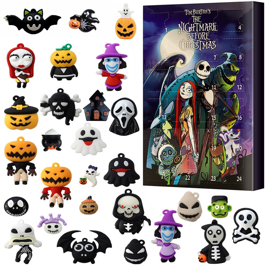 Adventní kalendář pro panenky Halloween obsahuje 24 dárků, adventní kalendář s hororovými postavami Halloween, odpočítávací kalendář Halloween s hračkami s překvapením