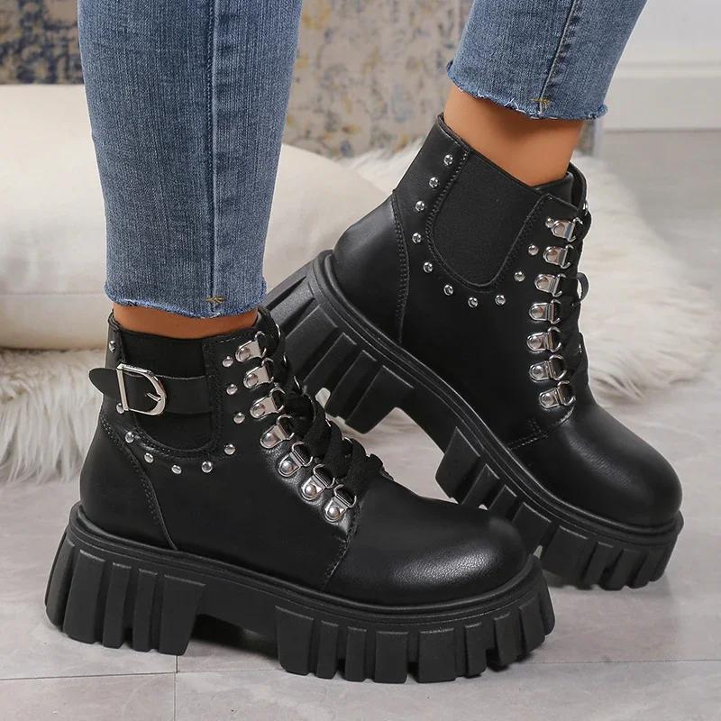 Punk Metal Belt Buckle Lace Up Boots Women 2025 Winter Thick Bottom Medium Heel Ankle Boots Fashion Solid Pu Shoes Size 42