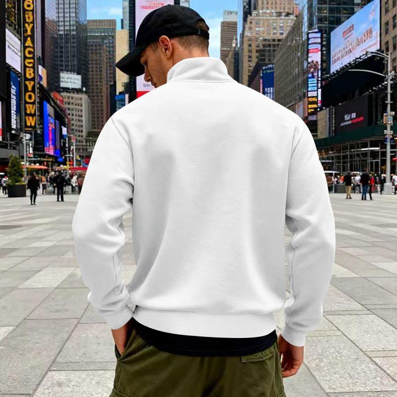 Autumn/Winter Fleece-Lined Heavyweight Men's Oversized Vintage-Style Casual Stand-Up Collar Half-Zip Commuter Hoodie with Pockets