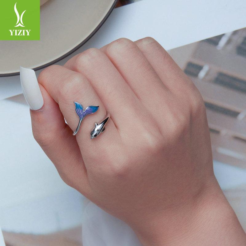 Design Gradual Change Oil Drop Dolphin Opening Ring, Niche Light Luxury 925 Silver Ring Bsr270