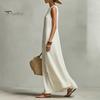 Solid Color Women Dress Women's Sleeveless Cotton Linen Dress, Casual Irregular Hem Crew Lightweight Summer Neck Long Loose Beach Vacation Sundress