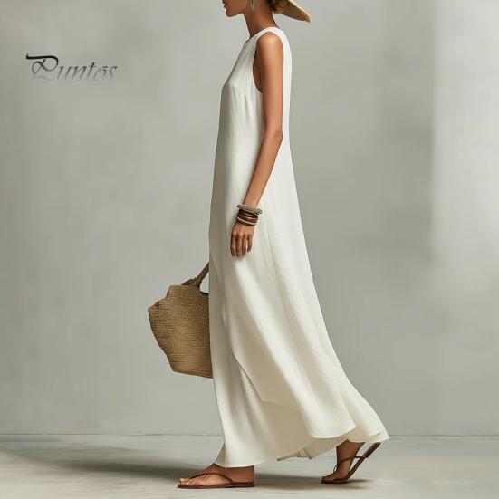 Solid Color Women Dress Women's Sleeveless Cotton Linen Dress, Casual Irregular Hem Crew Lightweight Summer Neck Long Loose Beach Vacation Sundress