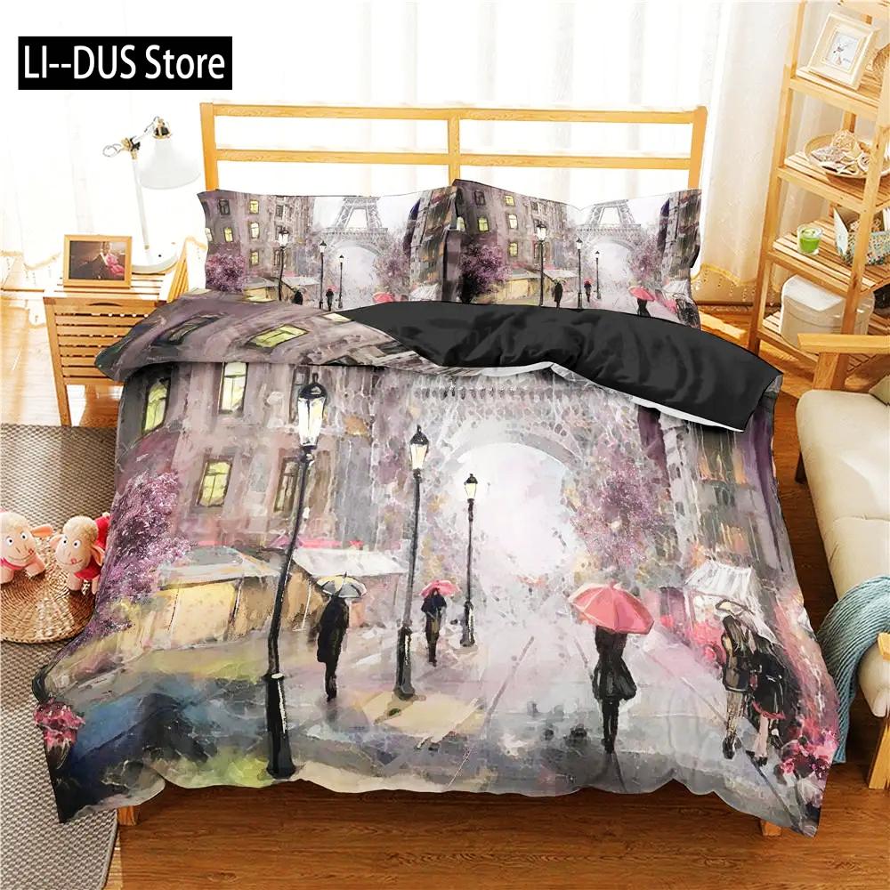 Comforter Eiffel Tower King Size Paris Tower Bedding Set Microfiber French Style Home Decor Grey Cityscape