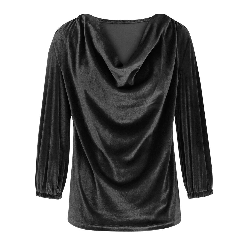 Damska Modna Koszula z Kolnierzem ze Sztucznego Futra w Kolorze, Plisowana, z Rękawami 3/4, Luźna, Złoty Aksamitny Sweter