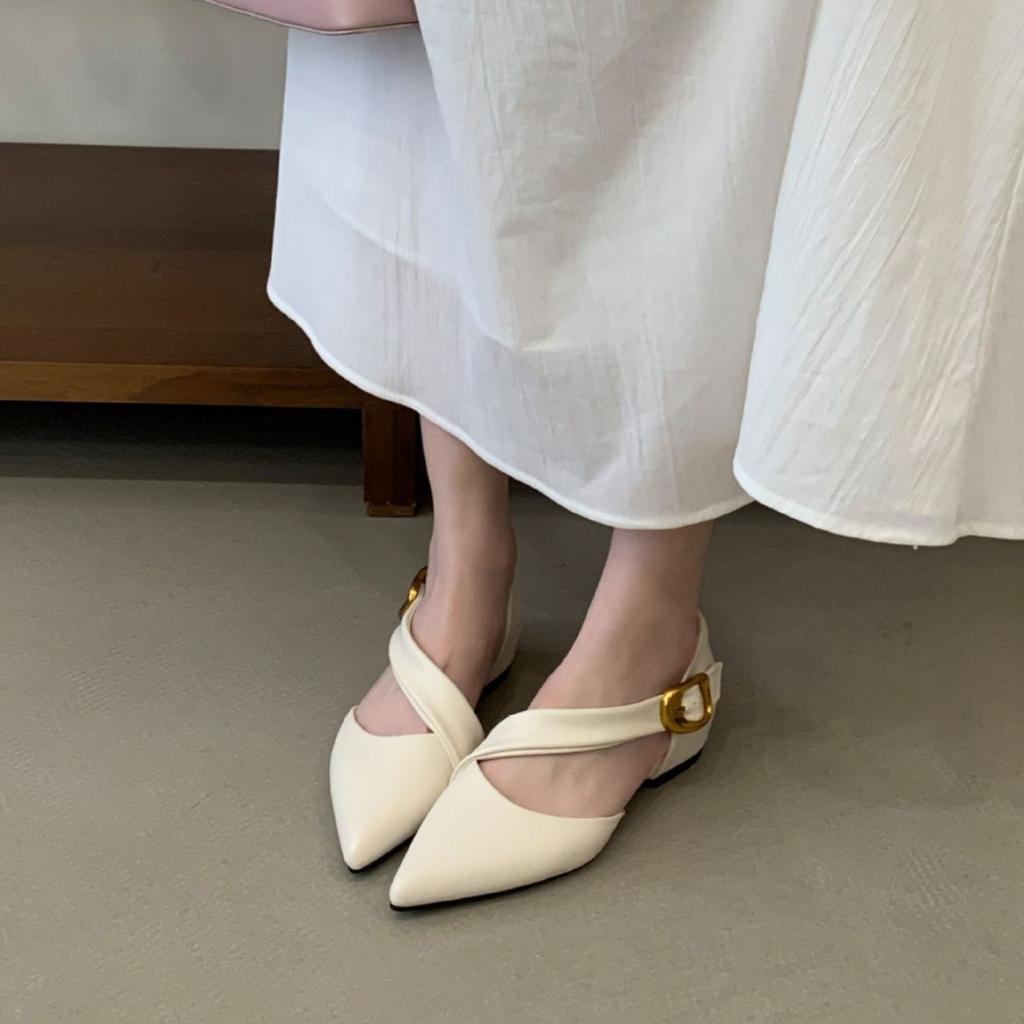 Inner Height Increase Pointed Hollow Shallow Mouth Single Shoes Women'S Spring French One-Word With Bag Head Sandals