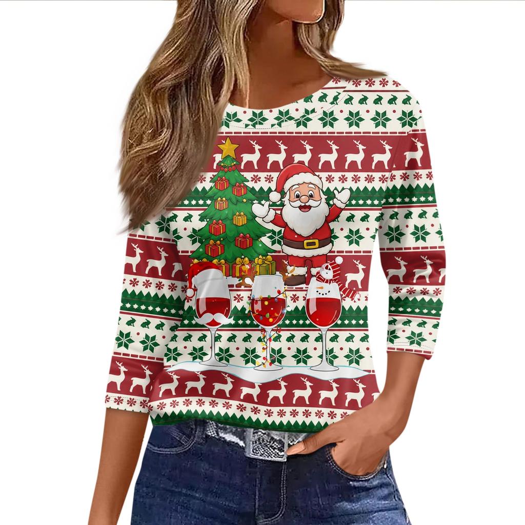 Women's Casual Christmas Print Three-Quarter Sleeve Neck Top