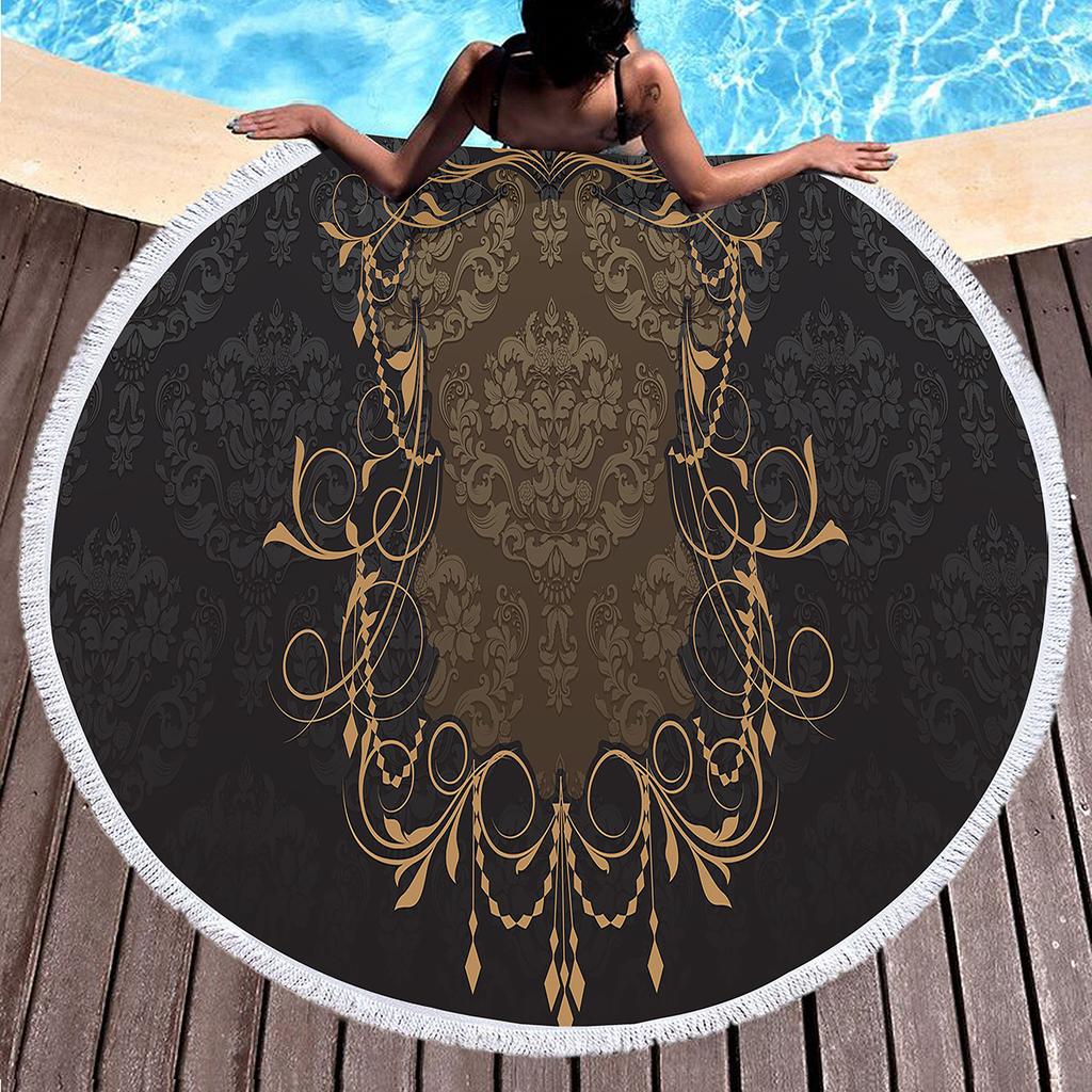Luxury Gold Vintage Floral Round Beach Towel with Tassels, Microfiber Quick Dry Beach Blanket Absorbent Meditation Rug Yoga Mat