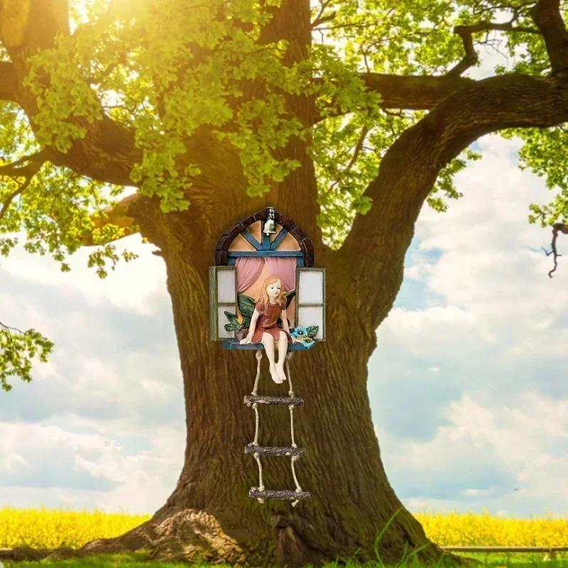 1 Pcs Home Garden Decor Fairy House Tree Hanging Sculpture Window Ladder Resin Statue Figurine Outdoor Ornament Yard Art Decor