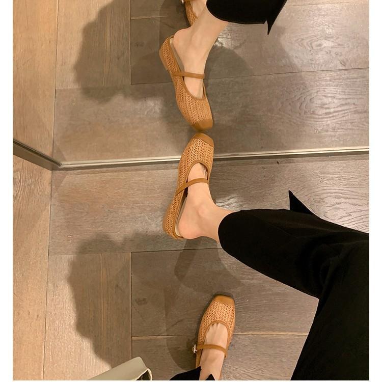 ~ Height increase of 5cm~ Holiday style straw woven square head sandals lazy half drag female summer