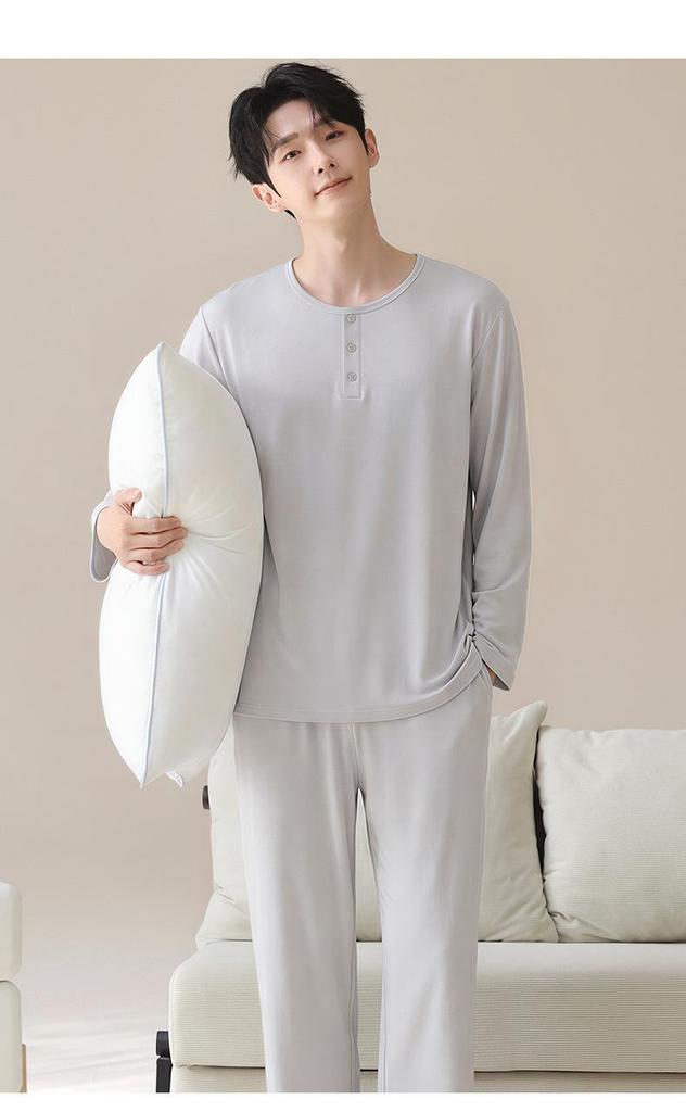 2026 Spring Men's Pure Cotton Casual Pajamas - Solid Color, Round Neck, Indoor/Outdoor Wear
