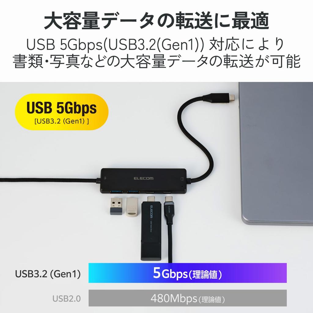 ELECOM Hub with Integrated Charging PD Compatible 90W 2 x A 2 x C Bus Black USB-C Cable, (Max Output), 5Gbps, Ports, Ports, Powered, U3HC-C040PBK