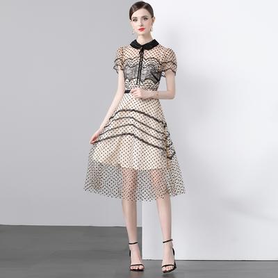 New Fashion Sweet Dot Flocking Summer Dresses 2024 Temperament Short Sleeve Lace Embroidery Mesh Short Dress for Women