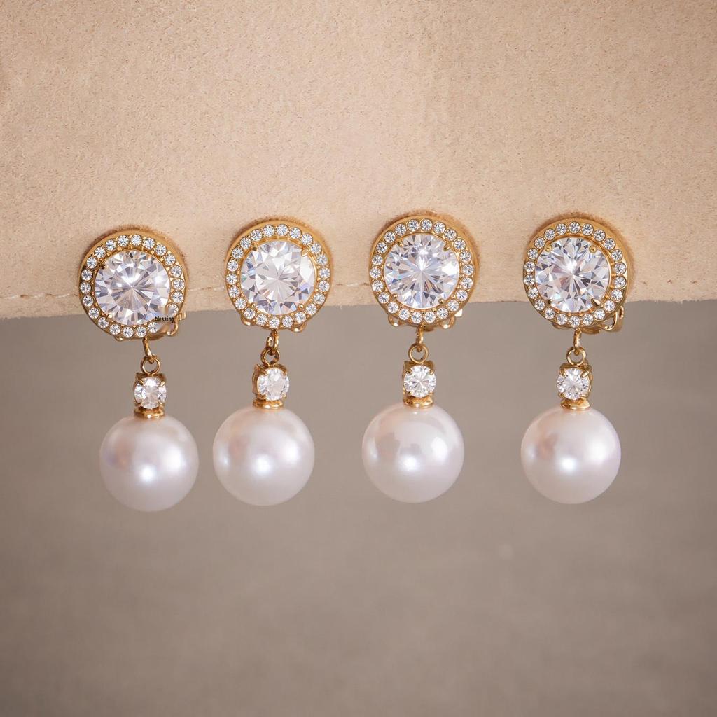 Blazing Zircon & Imitation Pearl Pendant Stainless Steel Earrings