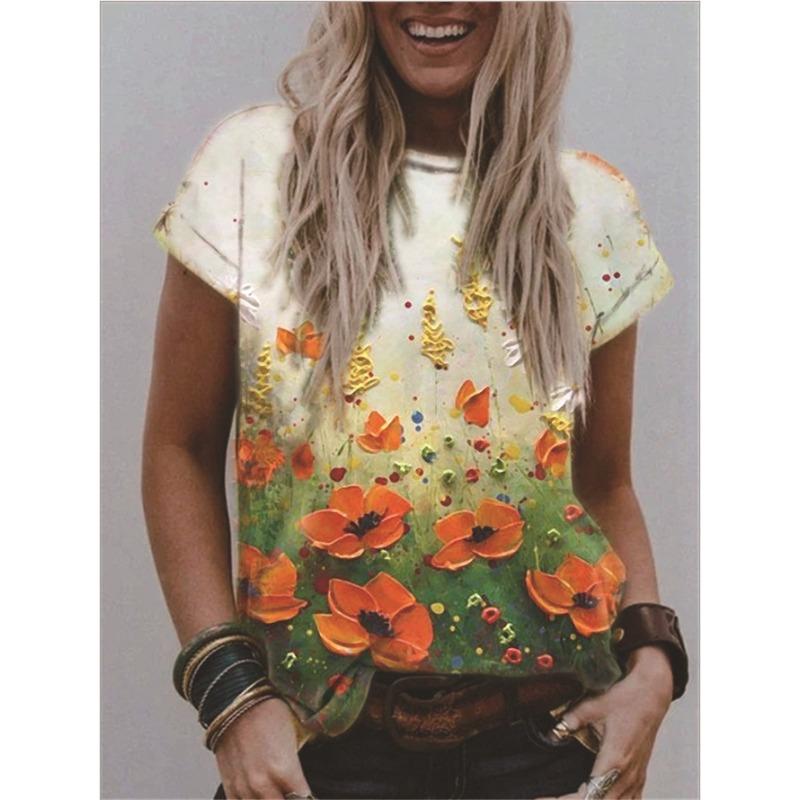 Summer Round Neck 3D Flower Print Top Fashionable Casual Short Sleeved Women's T-shirts