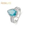 WOSIKATE Sea Blue Water Drop Pear-shaped Topaz Gemstone CopperRing For Women Wedding Jewelry Party Gift Size 6-10