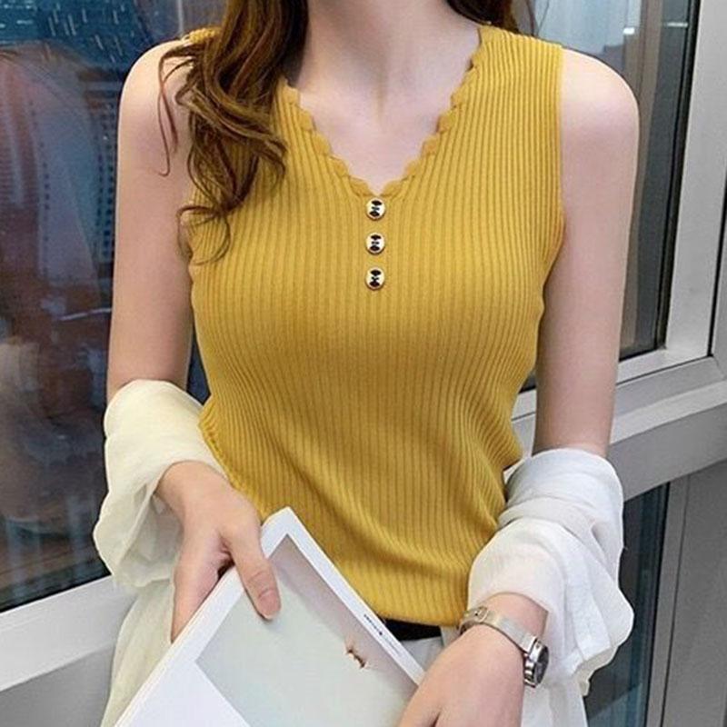 Women Summer Sleeveless V Neck Knitted Solid Color Slim Fit Vest Top