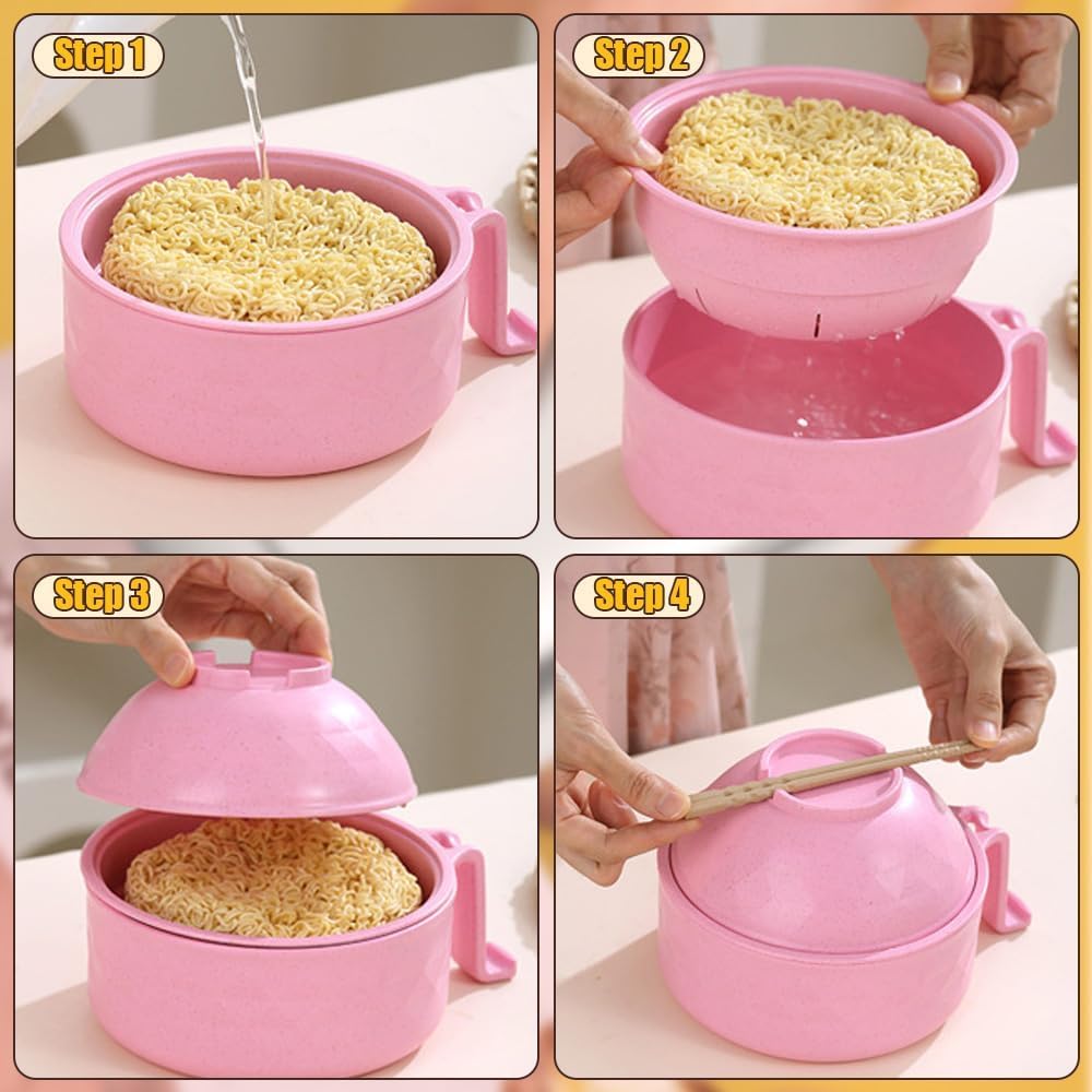 Microwave Ramen Bowl Cooker Set Wheat Straw Instant Noodles Bowl Handles,Ramen Noodle Cooker with Spoon Chopsticks Fork Camping