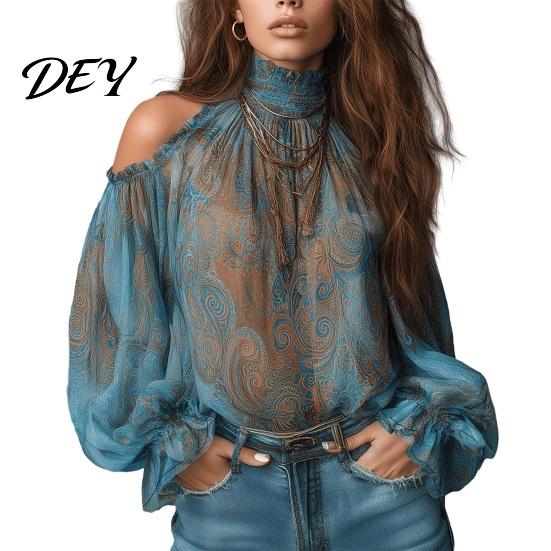 Long Sleeve Shirts Women Fall Cold Shoulder Shirt, Vintage Ethnic Print High Casual Blouses Collar Blouse, Ruffle Lantern Top Soft