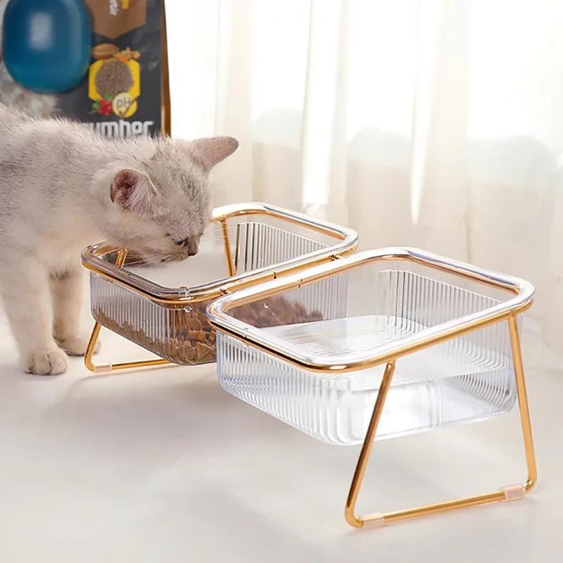 Cat Bowl Plastic Slanted Neck Pet Feeding Dish with Double Bowls Non-Slip Easy Clean Anti-Spill Water Food Container