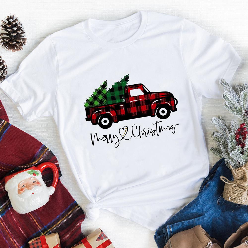 Merry Christmas Plaid Tree Printed T Shirt Fashion Graphic Women Top Tshirt Female Kawaii Tee Ladies