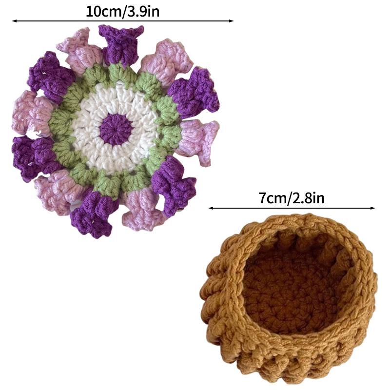 Crochet Coaster Handmade Knitted Flower Bouquet Coaster Plant Pot with Flowerpot Flower Placemat Cup Pad Teacup Stand Diy Flower