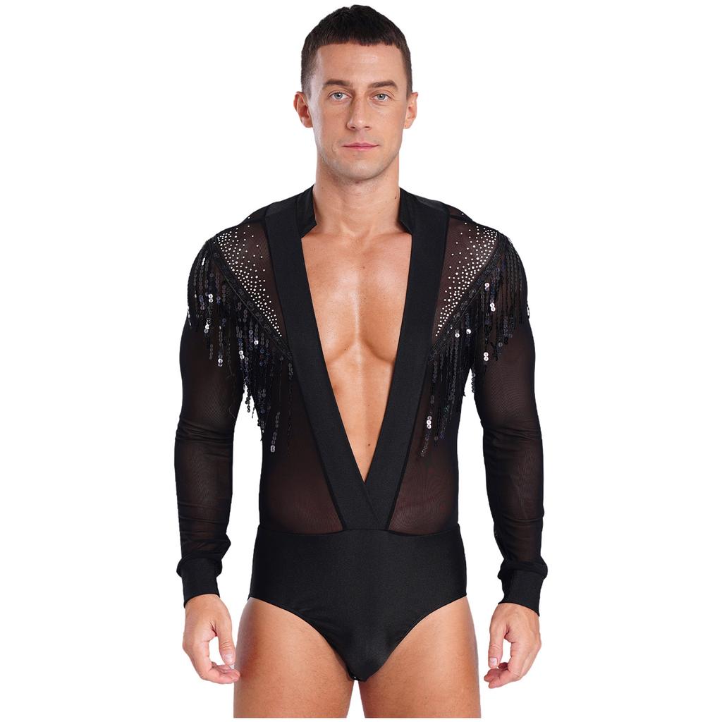 Mens Tassels Jazz Latin Dance Leotard Deep V-neck Sheer Mesh Patchwork Shiny Sequined Rhinestones Ballroom Shirts Bodysuit Rumba