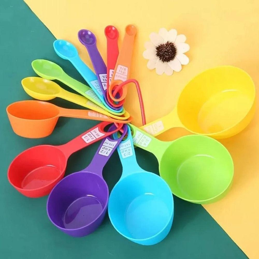 12Pcs Plastic Measuring Cups Set Colorful Cute Measuring Spoons Multipurpose Easy Storage Kitchen Measuring Tools Kids Use