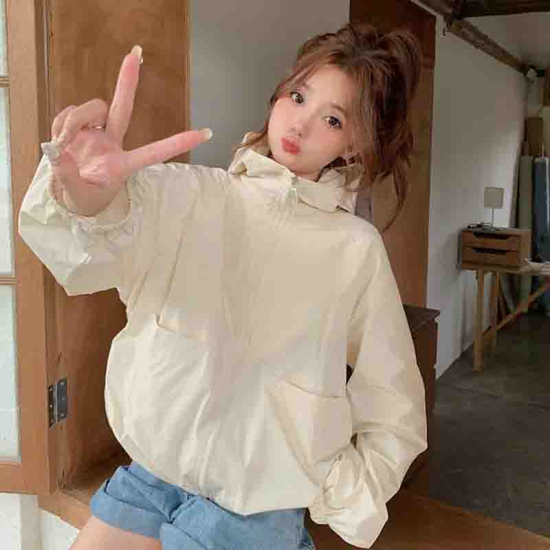 Women Summer Solid Color Loose Fit Sunscreen Clothing Jacket Female New Appear Thin Hooded Long Sleeved Sunscreen Clothing Coat
