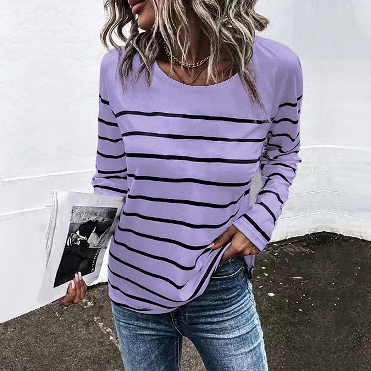 Spring and Autumn Round Neck 3D Stripe Printed Top Fashionable Casual Minimalist Long Sleeved Women's T-shirts