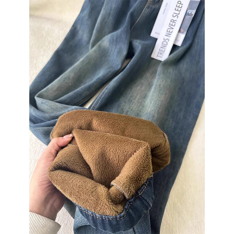 Women's Retro Plus Velvet Wide-Leg Jeans - Plus Size, Slimming, Autumn/Winter