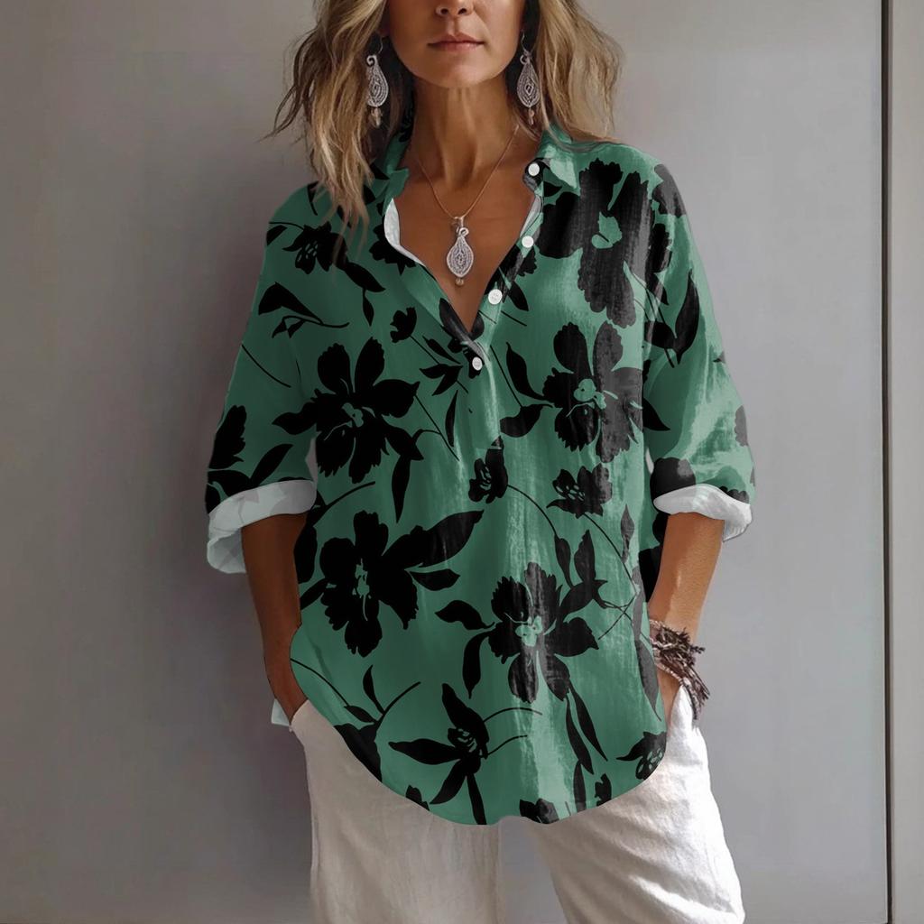 Women's Casual Spring And Summer Loose Printed Casual Sleeved Lapel Pullover Shirt