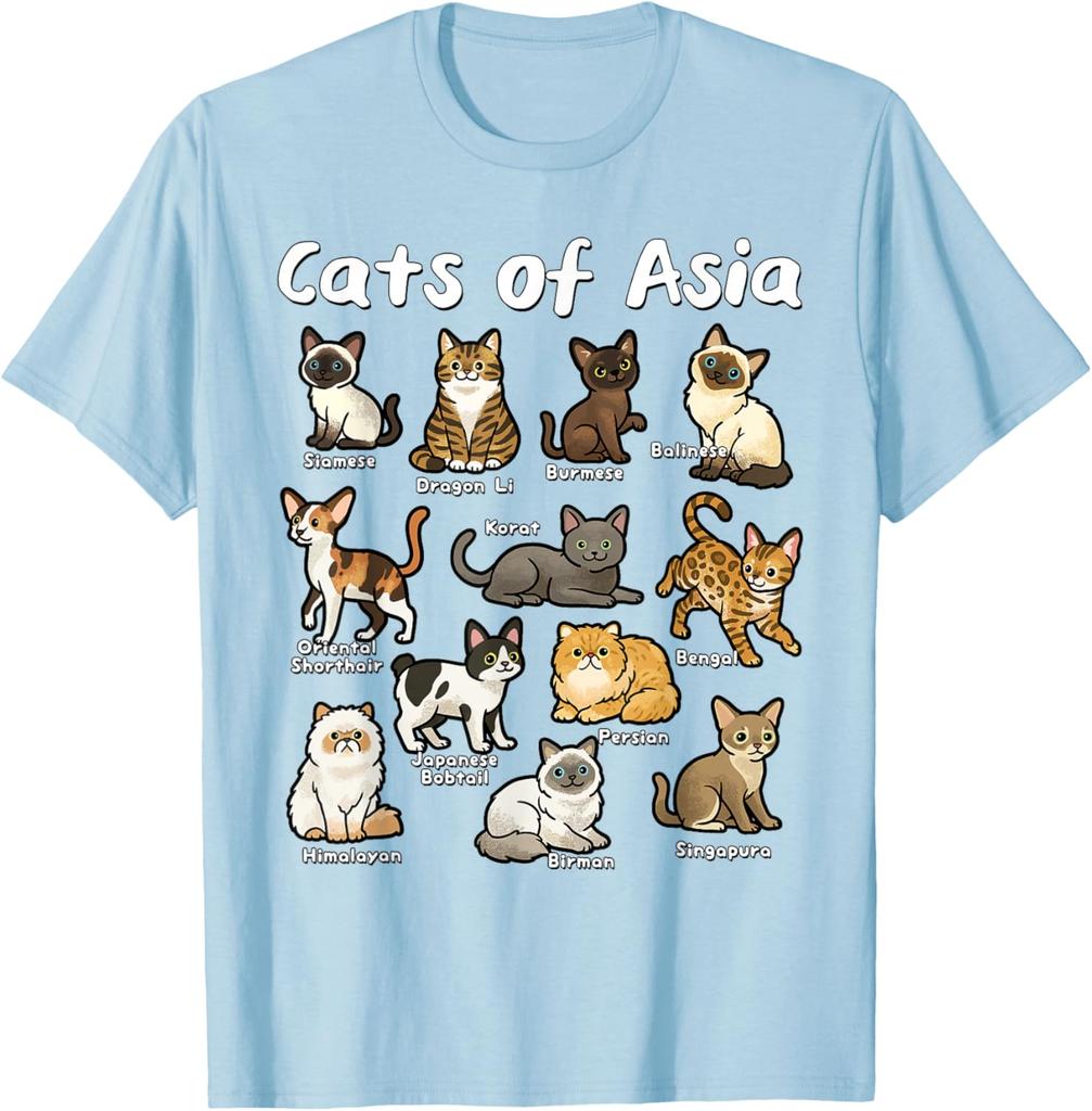 Cats of Asia Breeds Graphic Tee Casual Cotton Short Sleeve T-Shirt for Men Trip