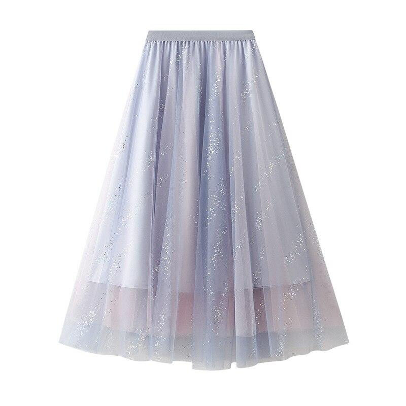 

Qooth Women Shiny Fairy Tulle Gauze Skirt Elegant Sweet Elastic Waist Midi Mesh Skirt Ankle Length QT2201 F синий